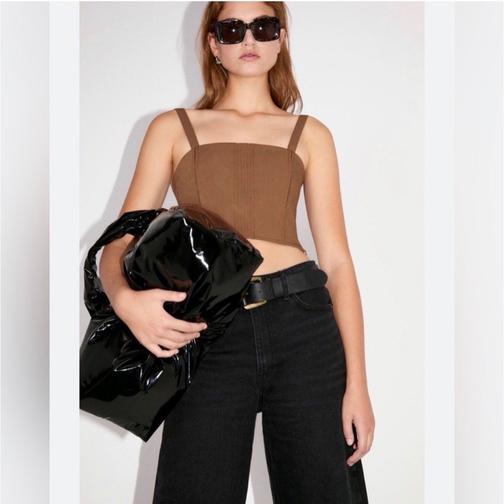 C7 Zara Brown Corset Style Crop Top Bustier Square Neck Side Zip Small